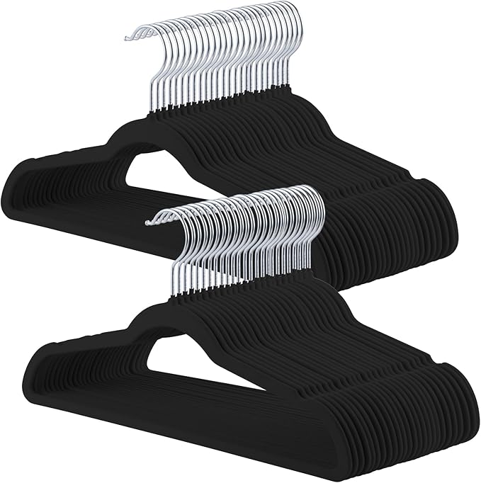 ELONG HOME Velvet Hangers, 50 Pack Black Slim Felt Hangers with 360 Swivel Hook, Non-Slip, Heavy Duty for Coats, Pants & Dresses