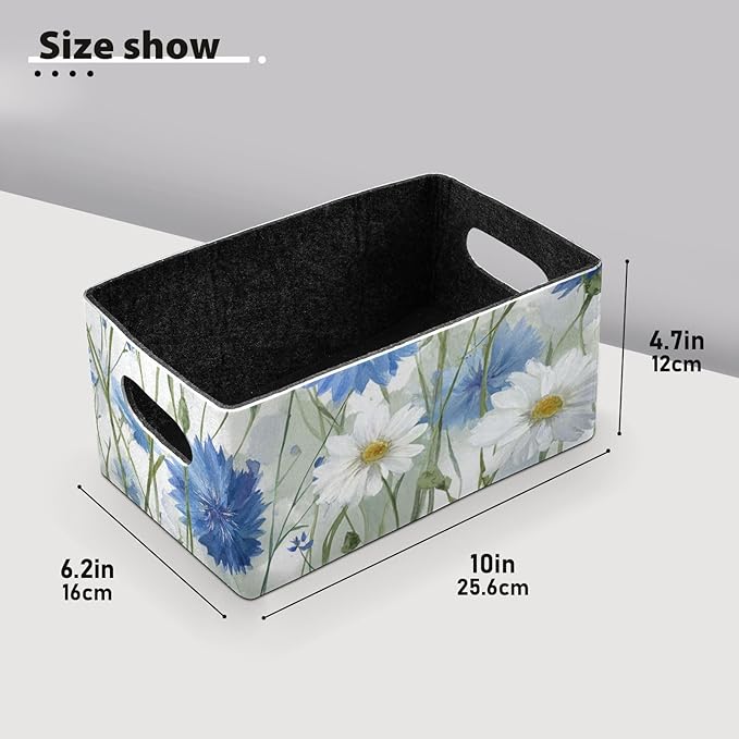 White Blue Cornflowers Daisy Flower Watercolor Closet Storage Bins 2 Pcs Felt Open Home Storage Containers Organizer with Handles Collapsible Shelf Basket for Home Office Craft Room Classroom