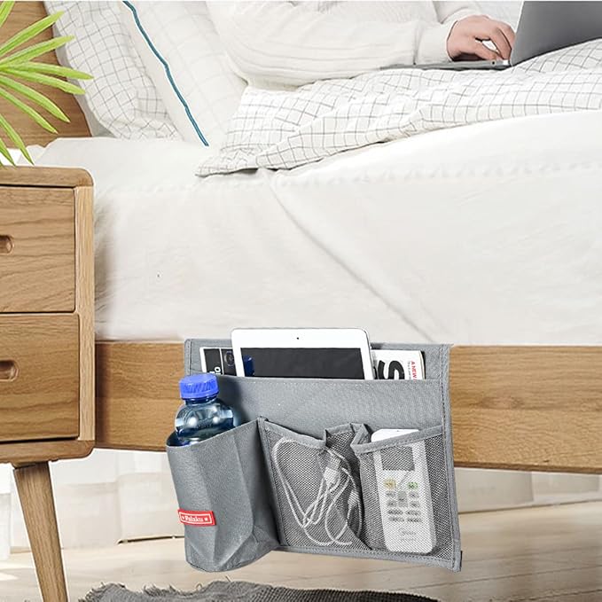 Falaku Bedside Caddy, 4 Pockets Bedside Organizer Caddy Under Mattress,Holds Water Bottles,Magazines,Books (Classic 4 Pockets-Grey)