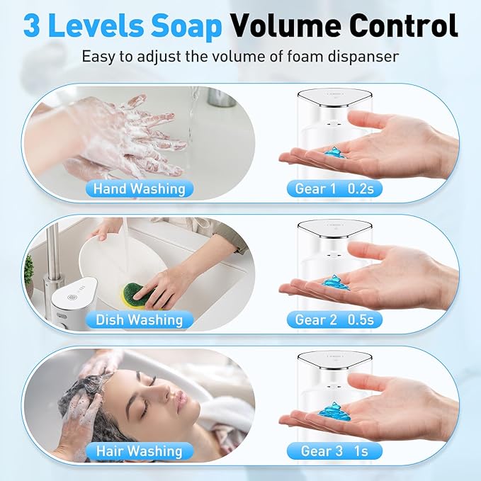 Automatic Soap Dispenser,Touchless Hand Wall Mount Rechargeable 3 Gear Adjustable Electric Soap Dispenser 350ml with Infrared Motion Sensor for Bathroom,Kitchen,Office, White Gel