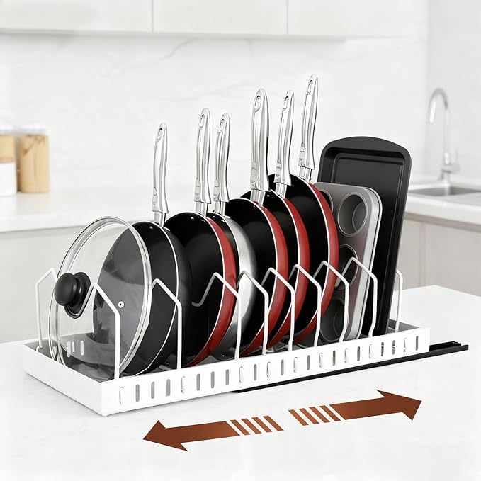 2 Pcs Pots and Pans Organizer Under Cabinet - Expandable Pull Out Cabinet Organizer for Pots and Pans, Pan and Lid Organizers Inside Cabinet, Adjustable Storage Rack (WHITE)