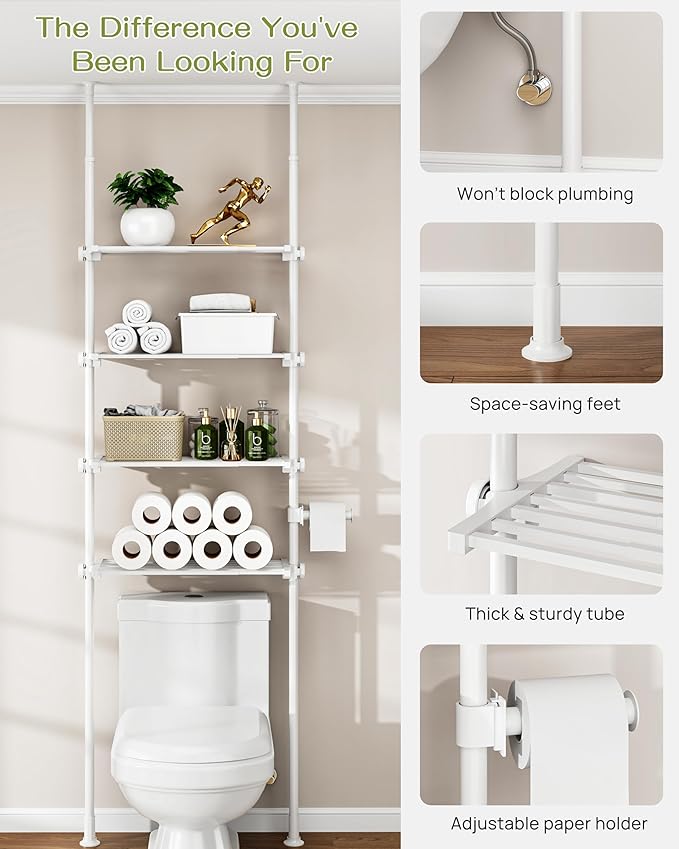 ALLZONE Adjustable Over The Toilet Storage Shelf, 4-Tier Ample Over Toilet Bathroom Organizer and Storage,Tension Mounted Above Toilet Storage Cabinet for Versatility, Fits 64-113 Inch Heights, White