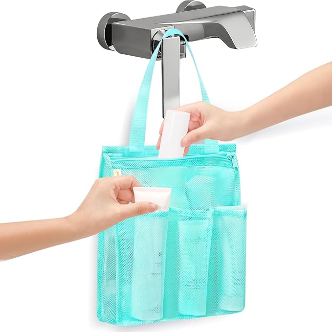 famichan Mesh Shower Caddy Portable, Gym Travel Camp Dorm Room Essentials for College Student Boy Girl, Bathroom Shower Bag - Blue