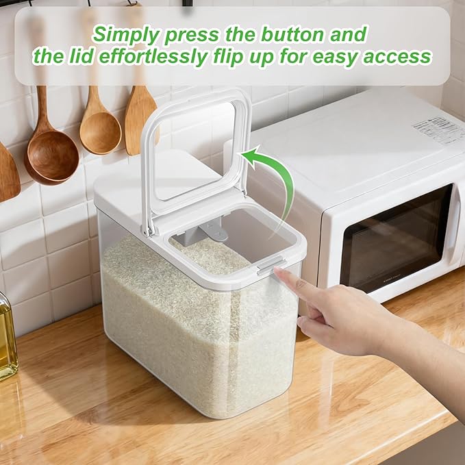 TBMAXS Rice Flour Storage Container - 12.7 Qt | 25 Lbs Crystal-Clear Plastic Food Storage Container Bin with Pop-up Lid for Grains Beans, Dry Food Holder for Kitchen Pantry Organization and Storage