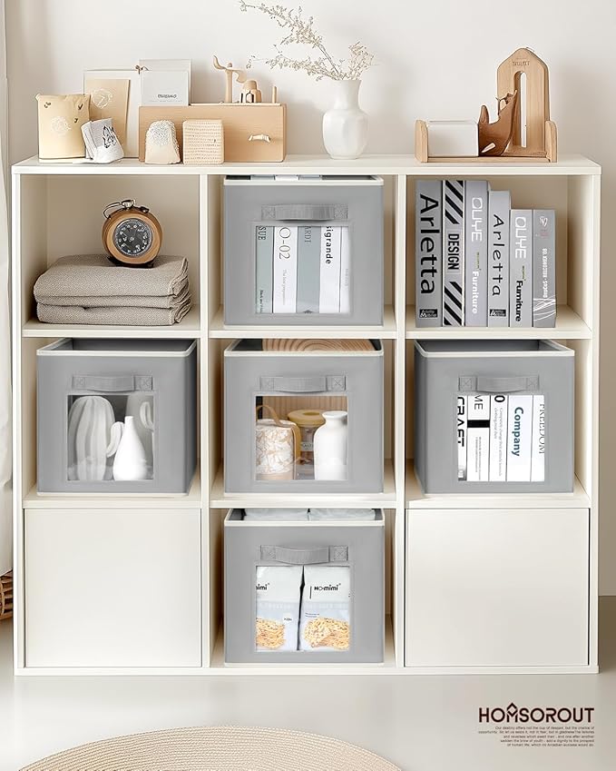 Storage Cube 11 Inch - Cube Storage Bins with Window, Closet Storage Baskets with Handle, Fabric Bins for Closet, Shelves, Toys, Clothes, Set of 14, Grey