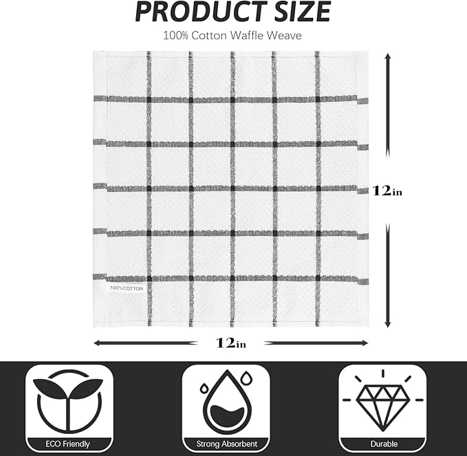 Nialnant 18 Pack Kitchen Towels, 100% Cotton Dish Towels for Kitchen, Absorbent Dish Cloth for Washing Dishes, Quick Drying Dish Rags, Multipurpose Cleaning Rags-12x12 Inches,Black Plaid