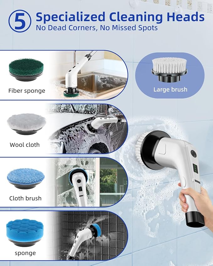 Electric Spin Scrubber with 6 Replacement Brush Heads, Cordless Dual Speed 360/300 RPM Cleaning Brush with 2500mAh Battery for Bathroom, Tub, Tile & Floor Cleaning