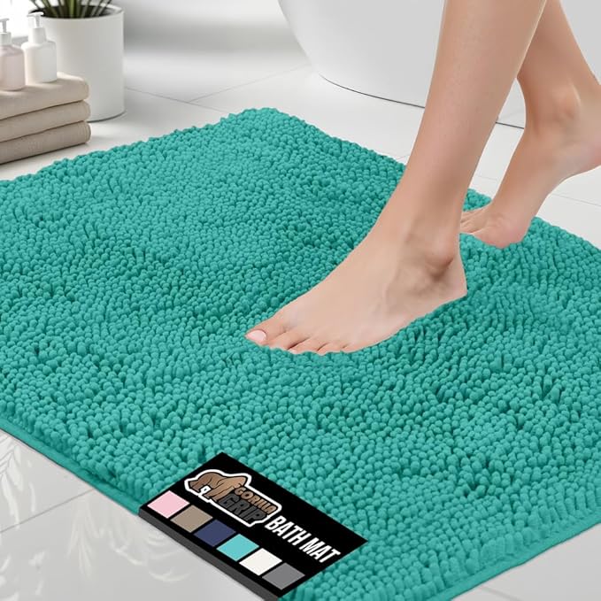 GORILLA GRIP Bath Rug Mat, Thick Soft Absorbent Chenille, Quick Dry Microfiber Mats, Rubber Backing Washable Shower Floor Rugs, US Designed Bathroom Bathmat Home Decor Accessories, 24x17, Turquoise