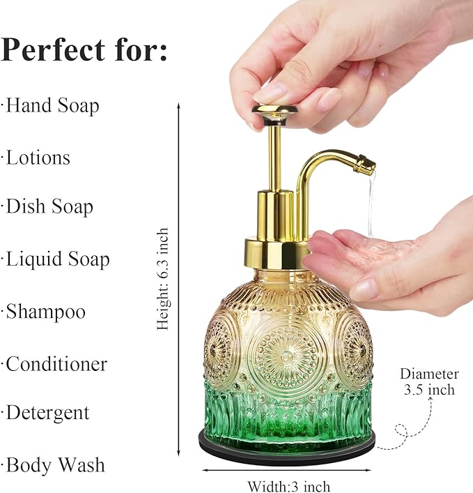 Amolliar 8 Oz Vintage Glass Bathroom Soap Dispensers with Pump, Refillable Kitchen Dish Soap Dispenser with Stripe, Antique Rustic Hand Soap Liquid Bottle (Green Gradient-Golden Pump)