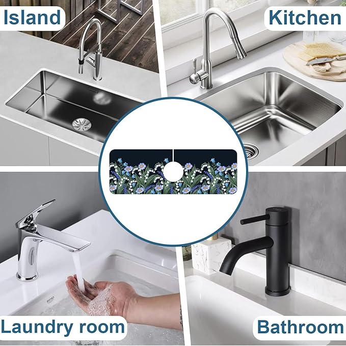 Blooming Lilies Kitchen Sink Splash Guard Faucet Mat Valley Lilies Flowers Super Absorbent Fast Drying Mat Sink Splash Guard Behind Faucet for Kitchen Bathroom, 15.5"x5.5"
