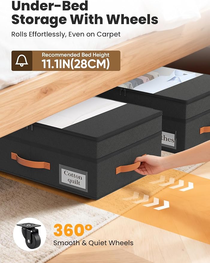 2-Pack Under Bed Storage with Wheels and 6 Vacuum Seal Bags, Adjustable Height 7.9"-10.2",63L Clear Lid Expandable Organizer for Bedding Blankets Clothes Shoes Toys,Space Saving Quick Assembly, Black