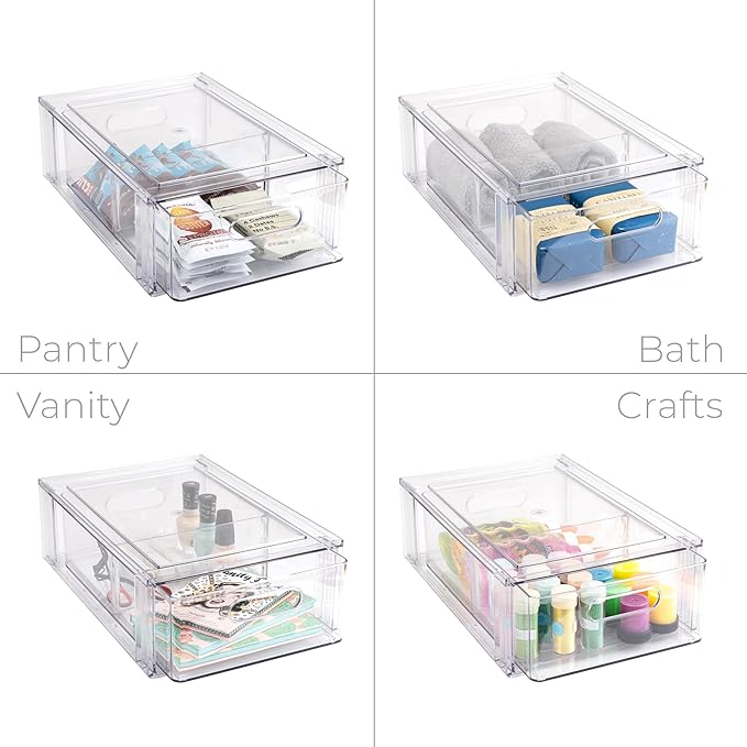 Smart Design Pull-Out Stackable Storage Bin with Removable Dividers - Small - 12.5" D x 8.35" W x 4.13" H - Clear
