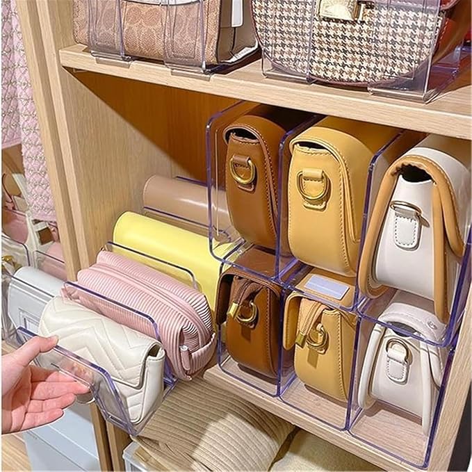LUGUNU Clear Acrylic Purse Organizer - 4-Section Divider for Handbag Closet Storage - Durable Rack for Purses, Clutches More (Set of 2)