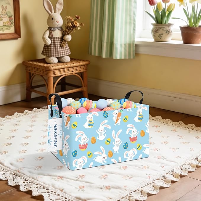 LANGYASHAN Rectangular Storage Bin Collapse Canvas Fabric Cartoon Storage Basket with Handles for Organizing Home Kitchen Boys and Girls Toys Office Closet Shelf Baskets (Rec Blue Rabbit Easter Egg)