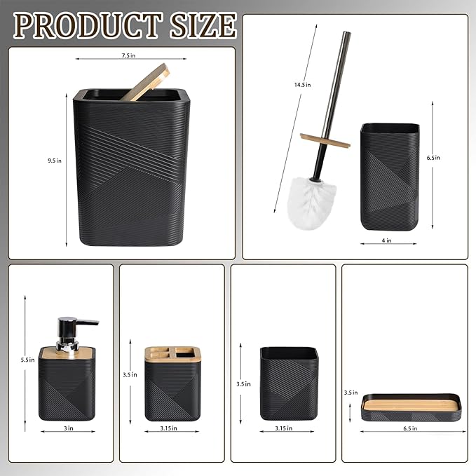 CERBIOR Bathroom Accessories Set 6 Piece Bamboo Bath Ensemble Includes Soap Dispenser, Toothbrush Holder, Toothbrush Cup, Soap Dish for Decorative Countertop and Housewarming Gift (Black)