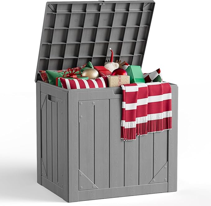 Outdoor Storage Box,30 Gallon Deck Box Outdoor Storage Bench Outside Waterproof Resin Storage Bench, Lockable Patio Cushions, Garden Tools Storage For Furniture, UV Resistant(Gray
