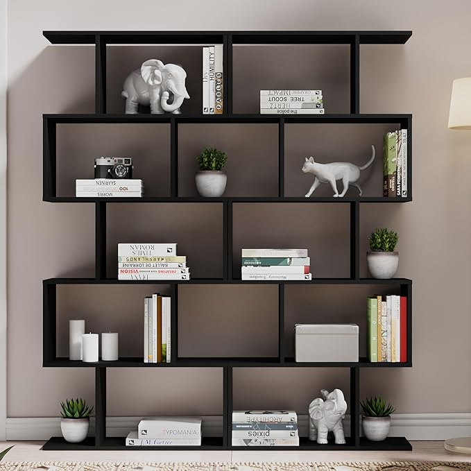Cozy Castle Set of 2 Geometric Bookcase, S-Shaped Modern Bookshelf, Room Divider Bookshelf, 62" Tall Unique Abstract Bookcase with 5-Tier Display Shelf for Living Room Office, Black