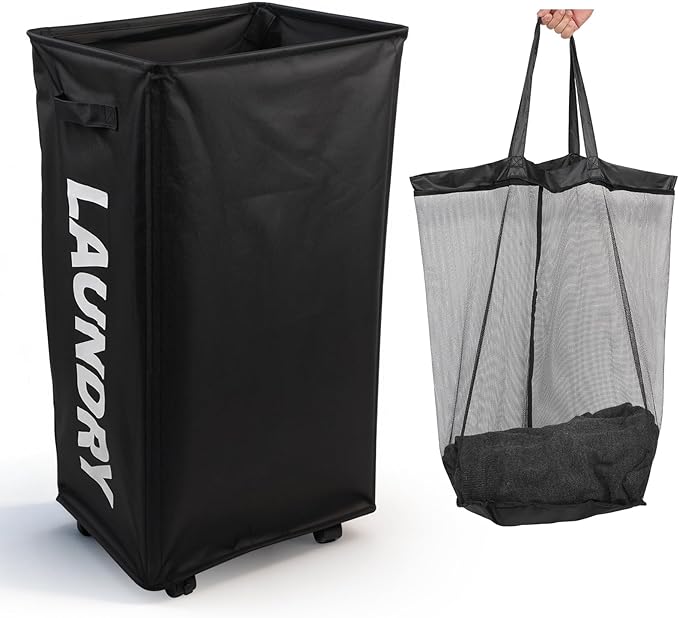 90L Laundry Basket with Wheels,Laundry Hamper with Removable Wash Bag, Rolling Clothes Hamper, Foldable Dirty Clothes Basket on wheels for Bedroom, Dorm, Laundry Room, Black