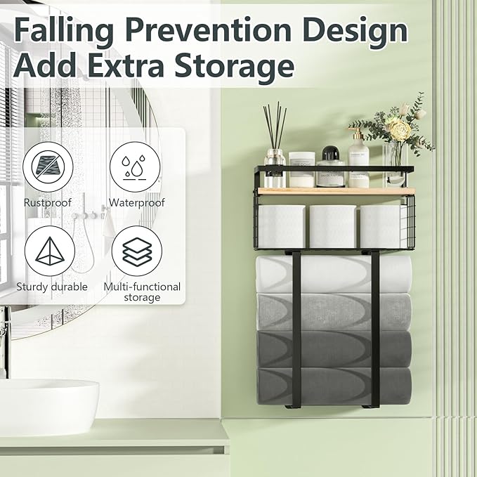Towel Racks for Bathroom, Metal Towel Holder with Storage Basket,Wall Towel Rack for Rolled Towels, Towel Storage for Small Bathroom.
