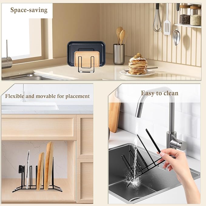 Pot Lid Organizer and Cutting Board Holder, Stainless Steel Kitchen Storage Rack for Lids and Boards, Space-Saving Cooling Rack Organizer for Countertop and Cabinet [1-Pack] Black