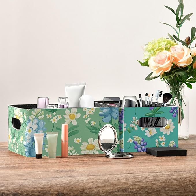 Mint Green Bluebonnet Daisy Flowers Closet Storage Bins 2 Pcs Felt Open Home Storage Containers Organizer with Handles Collapsible Shelf Basket for Home Office Craft Room Classroom Fabric