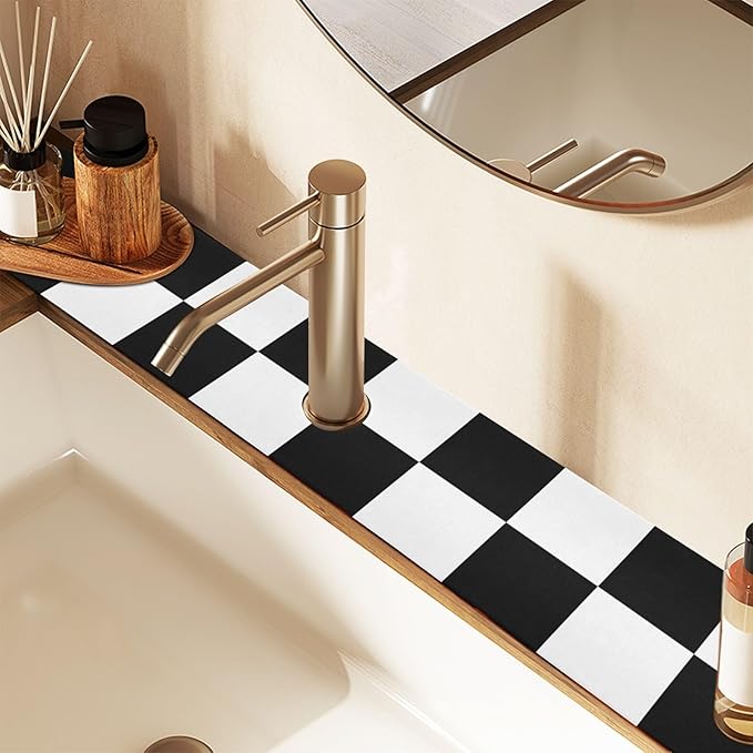 Kitchen Sink Splash Guard 2 PCS 30 Inch Sink Faucet Mat Splash Guard for Bathroom Countertop Water Absorbent Foldable Cuttable Soft Washable Checkered Black and White