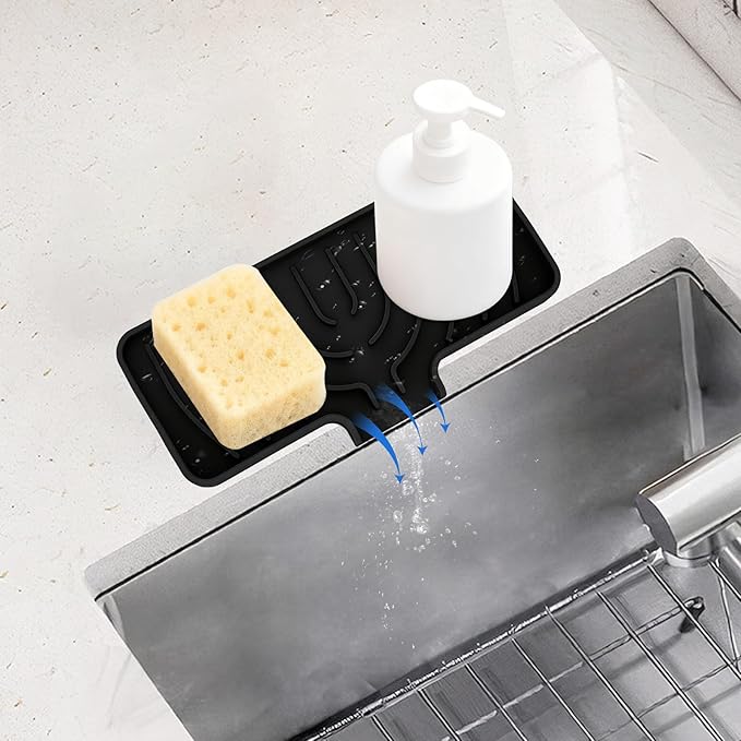 Silicone Sponge Holder for Kitchen Sink With Drain Spout, Self Draining, Kitchen Soap Tray, Bathroom Organizer, Sink Caddy, Perfect for Dispenser, Scrubber, Bottle, Cup on Counter (Black, 10×4)