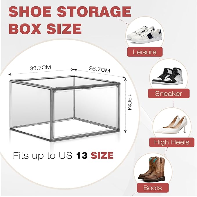 EDS FAM 4 Pack Grey Large Shoe Storage Boxes Clear Plastic Stackable Shoe Display Case with Magnetic Door, Easy Assembly Fit up to US Size 13