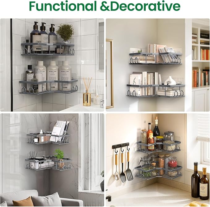 Adhesive Shower Caddy, 2 Pack Corner Bath Organizer, Rustproof Stainless Steel Shower Shelves with Large Capacity, No Drilling Shelves for Bathroom Storage, Home, Kitchen Decor (Dark Grey).