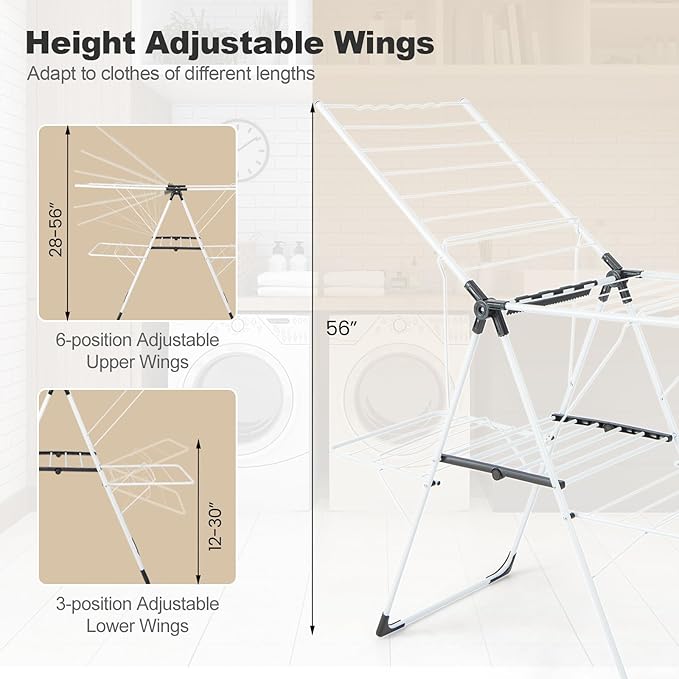 Tangkula Laundry Drying Rack, Foldable Clothes Drying Rack with Height Adjustable Wings, 33 Drying Rails & Sock Clips, Freestanding Gullwing Garment Stand for Indoor & Outdoor Use (White+Grey)