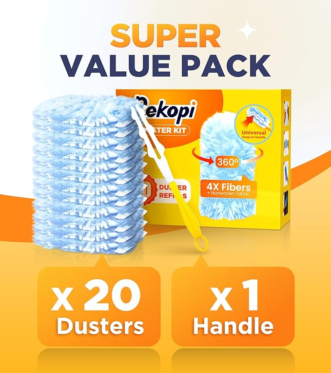 Heavy Duty Duster Refills for Swiffer Duster, 20 Count Duster Refills with 1 Handle, Multisurface 360° Dusters with 4X Microfibers, Unscented Disposable Dusters for Cleaning