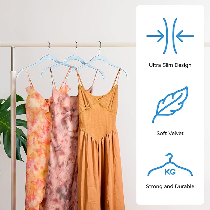 Sishynio 30 Pack Velvet Hangers – Premium Non-Slip Slim Clothes Hangers with 360° Swivel Hook, Space-Saving Flocked Shirt Hangers for Coats, Dresses, Blouses, Suits(Blue)