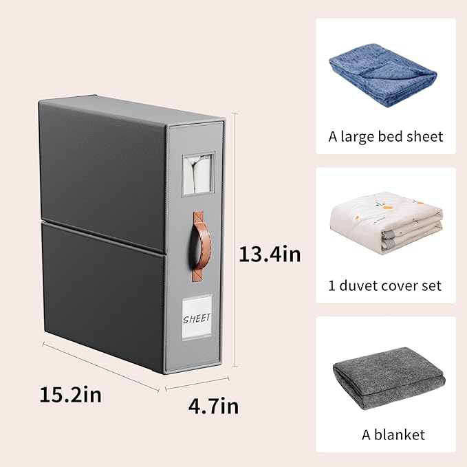 EE-RoomWorld 4 Pack Bed Sheet Storage Organizers- Premium Fabric Closet Organizer with Clear View Window, Space-Saving Foldable Design for Queen/King Size Bedsheets, Blankets & Duvet Covers