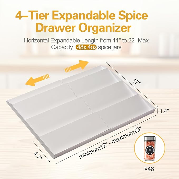 GOENDR Metal Spice Drawer Organizer, 4-Tier 2 Set Spice Rack for Drawer, Expandable From 11.4" to 22.8" Seasoning Organizer, Kitchen Spice Rack Tray for Drawer/Countertop (Jars not included) White