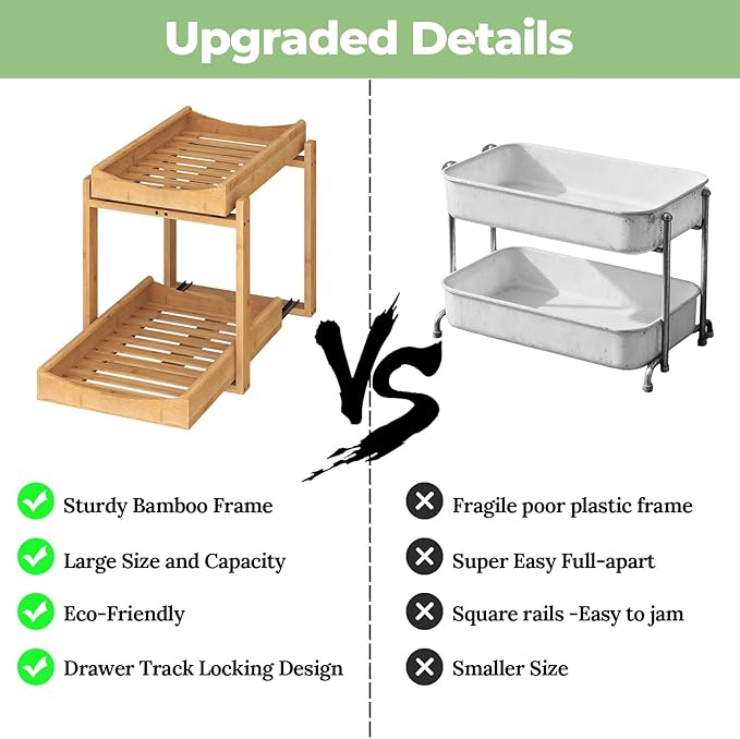 Bamboo Under Sink Organizer and Storage, 2 Pack Pull Out Cabinet Organization, 2 Tier Vertical Slide Out Undersink Storage Shelf, Multi-Purpose Organizer Shelves for Kitchen Bathroom Medicine