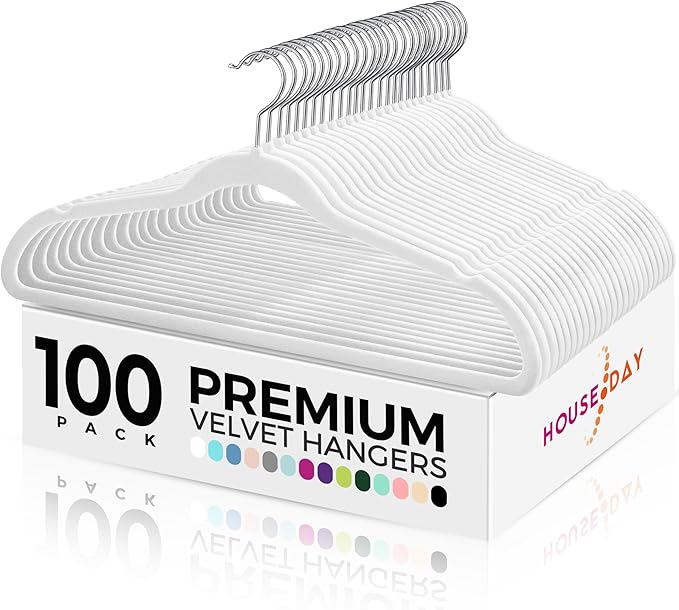 HOUSE DAY Premium Velvet Hangers 100 Pack White, Non-Slip Flocked Felt Hangers, Sturdy Clothes Hanger with 360° Rotatable Hook, Heavy Duty Durable Slim Coat Hanger for Closet Space Saving