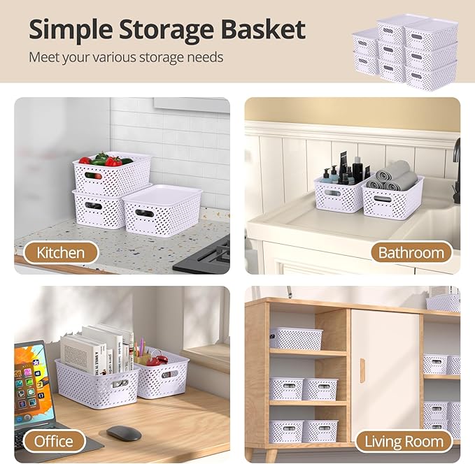 Plastic Storage Bins with Lid, Stackable Small Box Basket for Organizing and Containers for Shelves Drawers Desktop Closet Playroom Pantry Classroom Office Home, 8-pack 10.2"x7.2"x4.1" Lavender