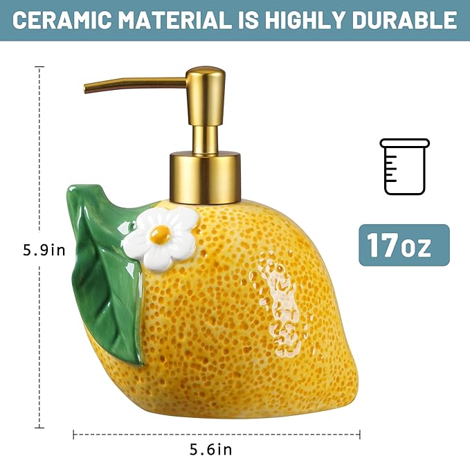 17 OZ Lemon Ceramic Soap Dispenser with ABS Pump,Refillable Liquid Bathroom soap Dispenser for Lotion ,Body Wash ,Cute Kitchen Soap Dispenser for Dish Soap,Hand Soap