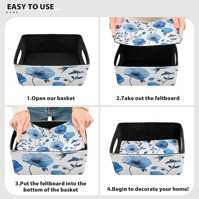 Blue Poppy Flowers Closet Storage Bins 2 Pcs Felt Open Home Storage Containers Organizer with Handles Collapsible Shelf Basket for Home Office Craft Room Classroom Fabric