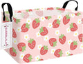 QUEENLALA Rectangular Laundry Hamper/Foldable Nursery Laundry Basket for Organizing/Storage Bin Baskets/Children Toy Office Bedroom/Toy Bin Closet Shelf Baskets（Rec-Pink Strawberry）