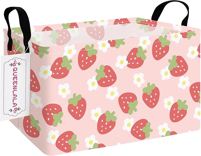 QUEENLALA Rectangular Laundry Hamper/Foldable Nursery Laundry Basket for Organizing/Storage Bin Baskets/Children Toy Office Bedroom/Toy Bin Closet Shelf Baskets（Rec-Pink Strawberry）