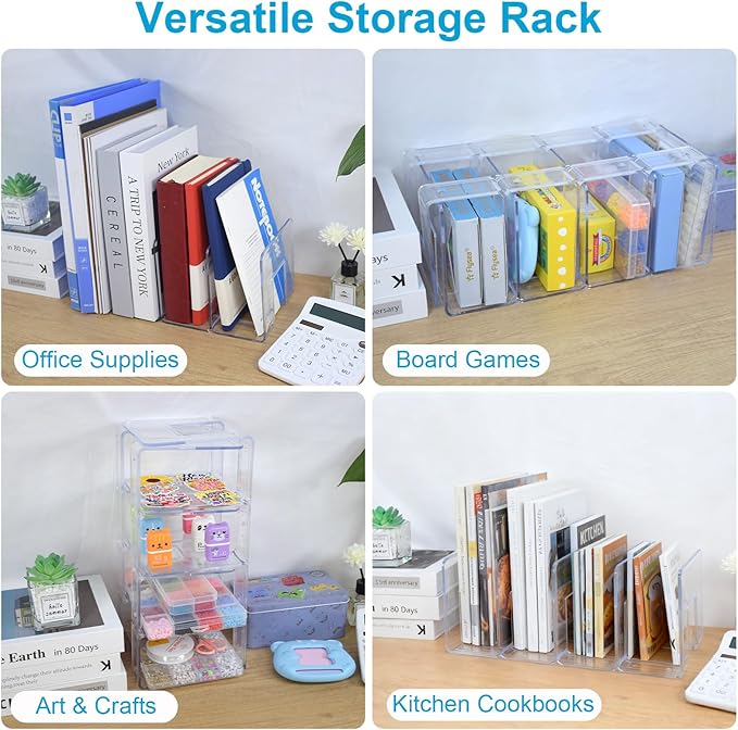 Marte Vanci Clear Acrylic File Sorter, Sturdy Desk File Organizer Shelf Book Holder Purse Handbag Clutch Divider File Folder Rack for Letter Cookbooks Home Office Kitchen Supplies 4 Sections (4 Pcs)