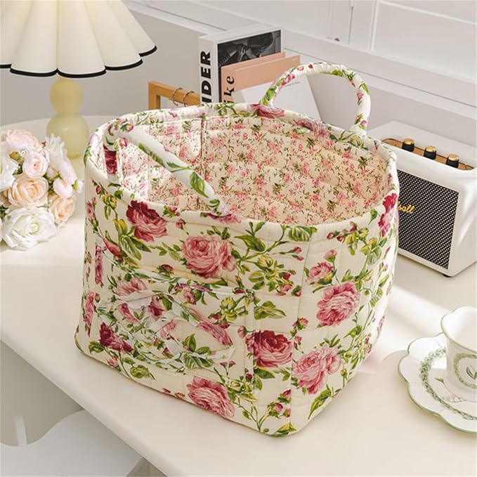 Boho Fabric Storage Basket, Large Capacity Laundry Basket, 12.2'' x 10.23'' x 10.23'' Collapsible Laundry Hamper with Easy Carry Handles (White, L)