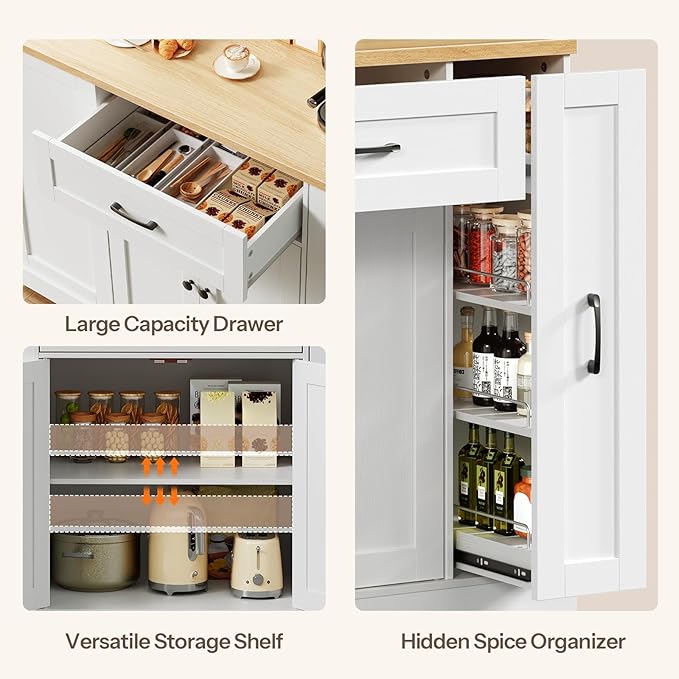HOOBRO Kitchen Island with Trash Can Storage, Rolling Kitchen Island Cart with & Power Outlet, Island Table with Spice Rack & Drawer, for Kitchen, White and Natural WN20UZD01