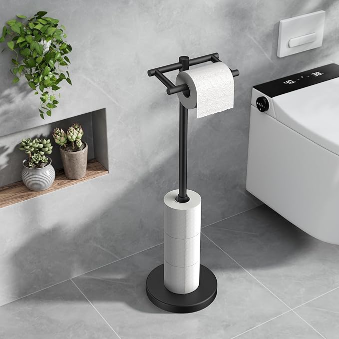 Toilet Paper Holder Stand Adjustable, Freestanding Tissue Roll Holder for Bathroom, Pivoting Design, Durable SUS 304 Stainless Steel and Weighted Base Toilet Paper Stand, Storage, Matte Black