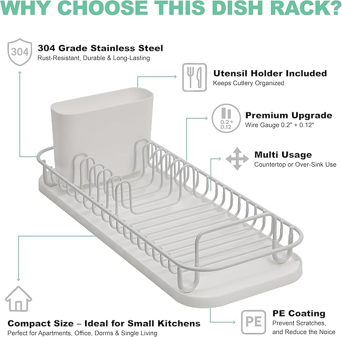 SunnyPoint 304 Stainless Steel NeverRust Compact Dish Drying Rack with Utensil Holder & Removable Drain Tray, Rustproof Small Dish Rack for Kitchen Countertop or Over Sink – White