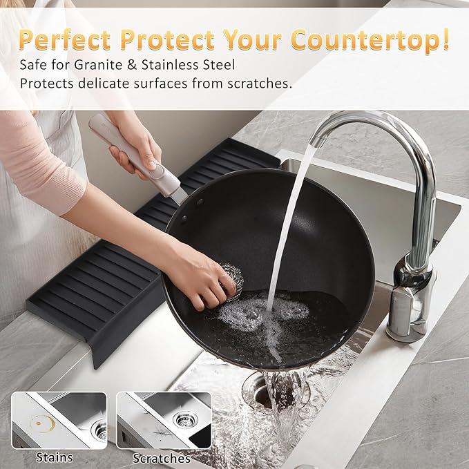 Sink Edge Protector with Suction Cup 4"x30", Silicone Sink Splash Guard for Kitchen & Bathroom, Protect Countertop from Scratches, Stains, for Stainless Steel Granite Quartz-Black