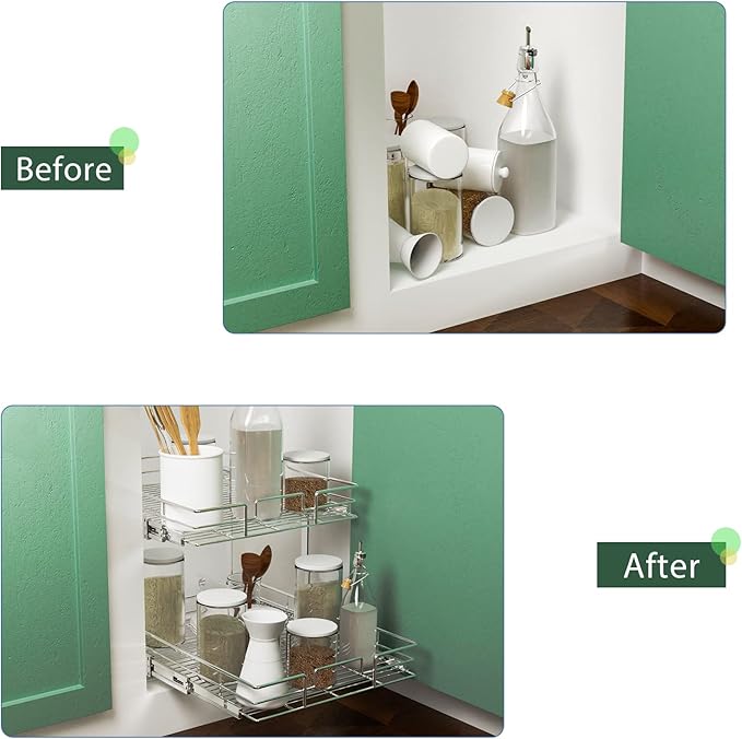 LOVMOR 2 Tier Individual Pull Out Cabinet Organizer 14" W x 18" D, Slide Out Kitchen Cabinet Storage Sliding Shelves