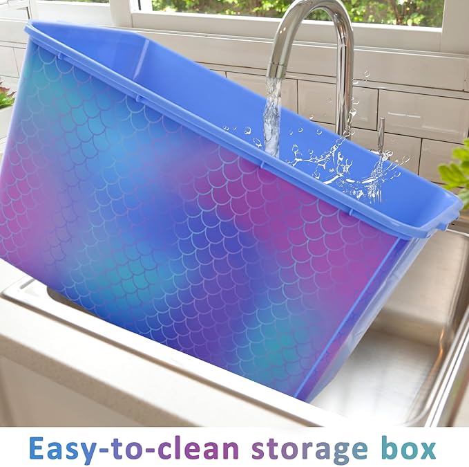 Storage Organizer Bins with Lids - 4PC 58QT Heavy-Duty Container Boxes Stackable and Nestable Storage Bins Plastic Large Storage Totes Rainbow Mermaid Bins for Home, Office, and Garage