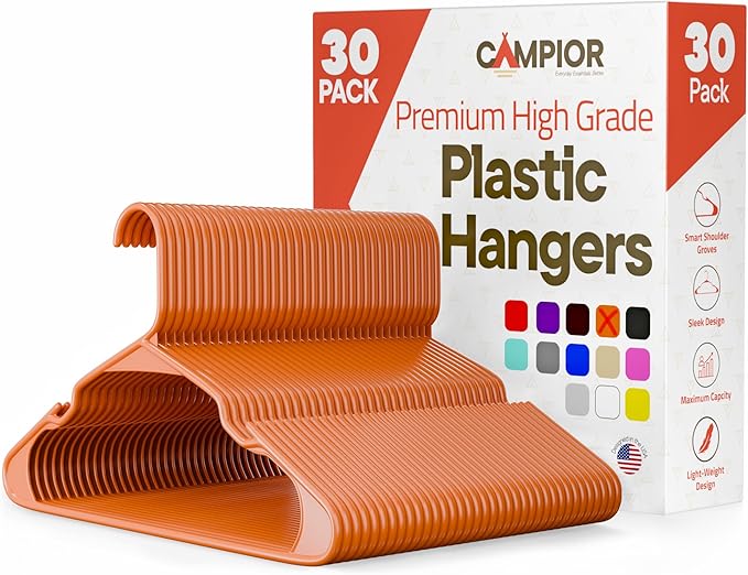 Plastic Clothes Hangers – Heavy Duty Hanger Set, for Organizing Clothes, Dresses, and Coat, Holds Up to 5 lbs, Space-Saving Hangers with Non-Slip Shoulder Grooves, Pack of 30, Orange
